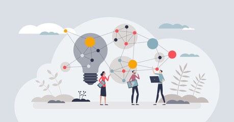 Virtual brainstorming and digital business teamwork tiny person concept. Online meeting and thinking creative ideas for company vector illustration. Use internet technology for distant communication. - obrazy, fototapety, plakaty
