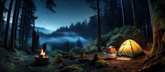 Night camp in a spruce forest in the background, sky with shooting stars and milky way
