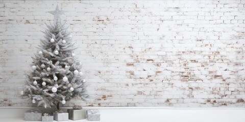 Christmas tree against white brick wall