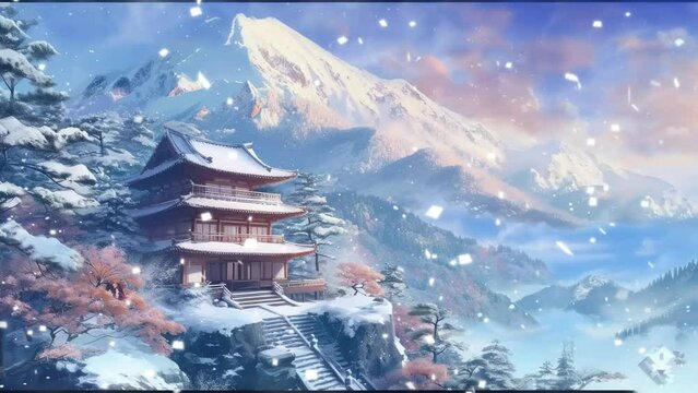 Beautiful Winter Scenery in Asian Countries, Such as Japan, Korea and China. Cartoon or Anime Illustration Style. Seamless Looping 4K Time-Lapse  Video Animation Background
