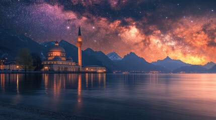 Magnificent mosque with reflection in a calm lake under the Milky Way night sky