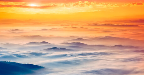 Mountain cloud and foggy at morning time with orange sky