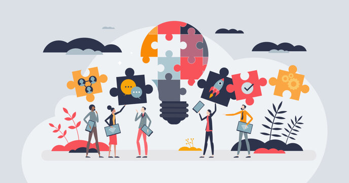 Collaborative brainstorming tools for new creative ideas tiny person concept. Teamwork communication as effective management vector illustration. Business innovations with cooperation and partnership