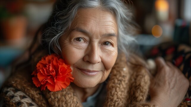 Older Woman With A Flower In Her Hair At The Park