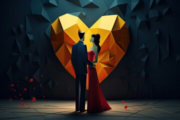 Heart of the matter - A couple standing close together, embracing a golden heart-shaped sculpture. - obrazy, fototapety, plakaty