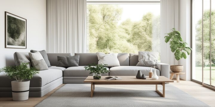 Light living room with grey sofa, coffee table, and large window