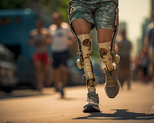Low angle view at disabled young man with prosthetic leg walking on the street