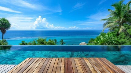 Luxurious infinity pool with a serene ocean view surrounded by tropical foliage