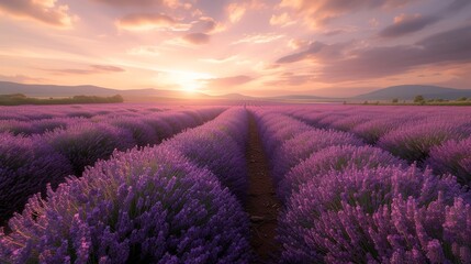 Fototapeta premium Sunset over a sprawling lavender farm with rows of purple blooms.