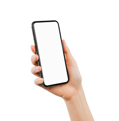 Hand holding the black smartphone with blank screen on white background.