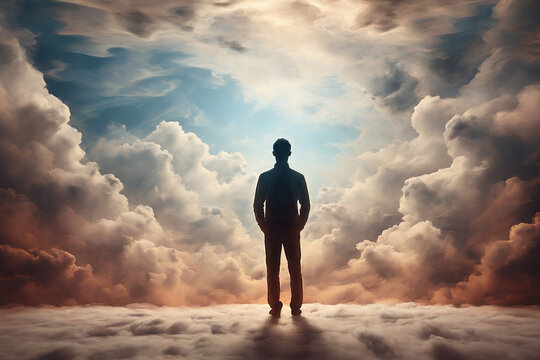 Abstract background silhouette of a man among white clouds, psychological consciousness