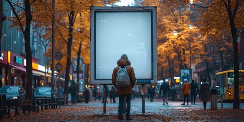 Fototapeta premium Person Standing Before Blank Billboard in Autumn City.