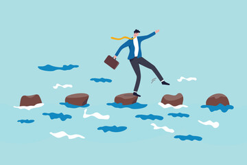 Stepping stones to success, progress or milestone pathway to achieve target, small step to overcome difficulty, development stages concept, confidence businessman stepping on stones across ocean.