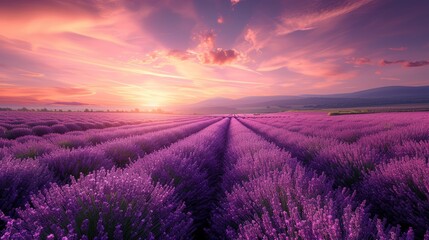 Sunset over a sprawling lavender farm with rows of purple blooms.
