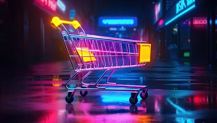 Retail and commerce concept with shopping cart business sales and marketing. Online shopping and e commerce cart technology. Empty supermarket representing discount purchase and retail trade