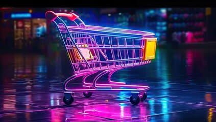 Retail and commerce concept with shopping cart business sales and marketing. Online shopping and e commerce cart technology. Empty supermarket representing discount purchase and retail trade