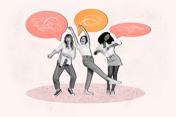 Creative collage poster picture three young girls dancing have fun communication conversation speech bubble pop drawing background