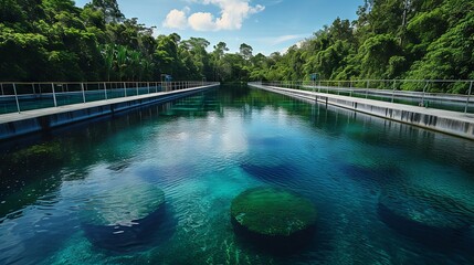 Serene water aeration system in a clear pond at a lush green park with mountain backdrop