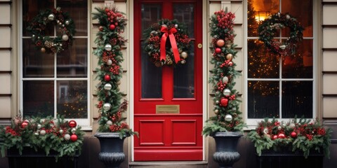 Door adorned with Christmas decor.