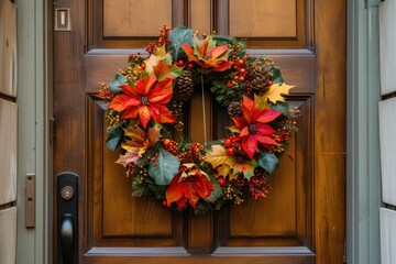 A festive Thanksgiving wreath hanging on a front door