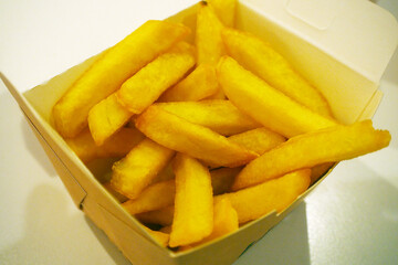 delicious, potatoes french fries in paper bowl