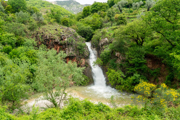 Fototapeta na wymiar Water stream of mountain waterfall flowing between picturesque rocks