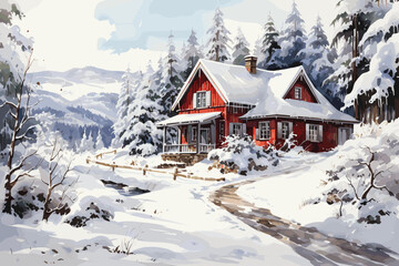 Watercolor winter landscape with house and pine trees Pro Vector
