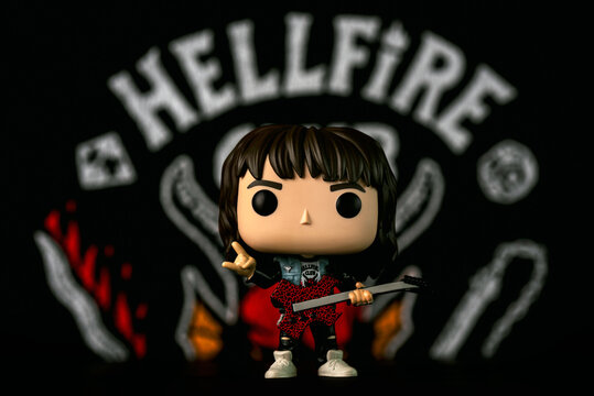 Funko POP vinyl figure of Eddie Munson character of the TV series Stranger Things. Illustrative editorial of Funko Pop action figure