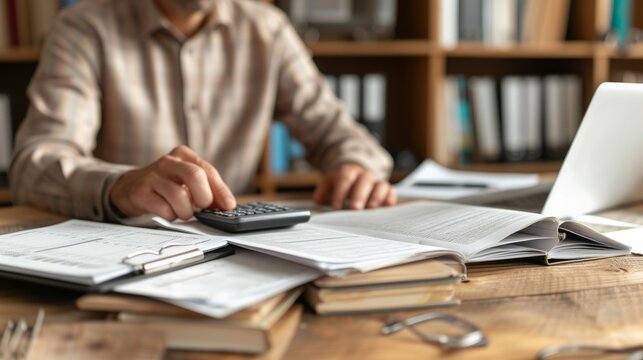 Accountant working on company finances using calculator and documents