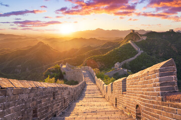 Golden afternoon sunlight on the Great Wall of China at the Jinshanling section near Beijing. Empty Great wall of China under sunshine during sunset, Jinshanling, Hebei, Beijing, China - obrazy, fototapety, plakaty