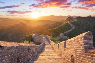 Fototapete Chinesische Mauer Golden afternoon sunlight on the Great Wall of China at the Jinshanling section near Beijing. Empty Great wall of China under sunshine during sunset, Jinshanling, Hebei, Beijing, China