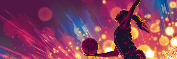 Illustration of a woman playing basketball with vibrant colors and action. Isolated on a copyspace background - obrazy, fototapety, plakaty