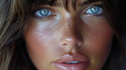 Women with beautiful blue eyes and full lips. Close up face.
