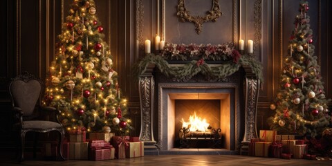 Fototapeta na wymiar Festively decorated room with Christmas tree and fireplace