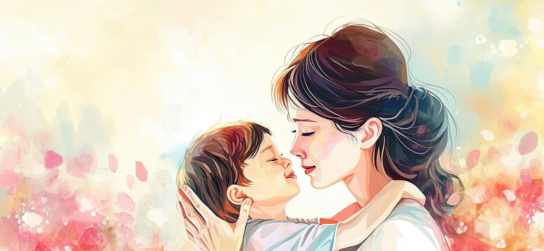 Artistic rendering of a loving moment between mother and child amidst vibrant hues for Mother's Day. Banner with copy space. Concept motherhood, family, a happy childhood.