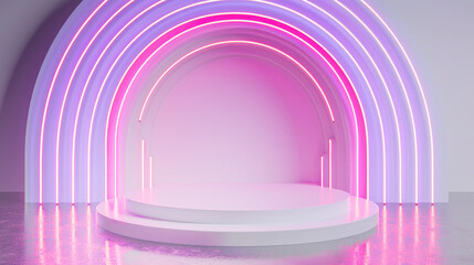 Obraz na płótnie Canvas Abstract futuristic stage white podium wall led neon pink background