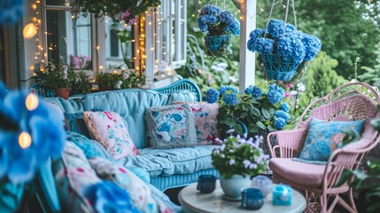 A porch with a blue couch and pink chairs