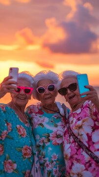 Three older women taking a picture with their cell phones