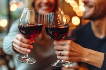 Couple toasting with red wine glasses in a restaurant