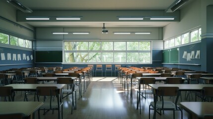 Tables and chairs inside an empty classroom