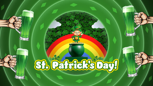 Saint Patrick's Day Invitation is festively designed template with animated shamrocks revealing cartoon-style leprechaun. Great for your St. Patrick's Day party, social media post or TV commercial. 