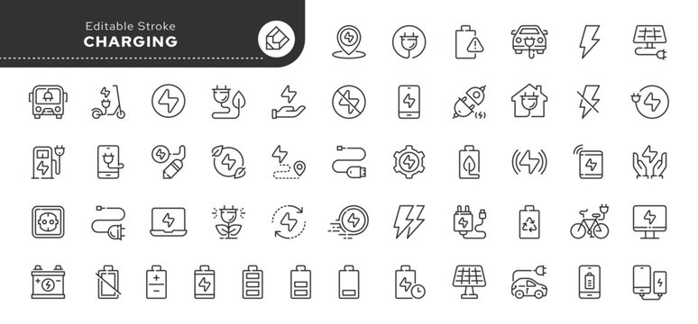 Set of line icons in linear style. Series - Charging. Charger, electronic charging, charge devices.Outline icon collection. Pictogram and infographic. Editable stroke.