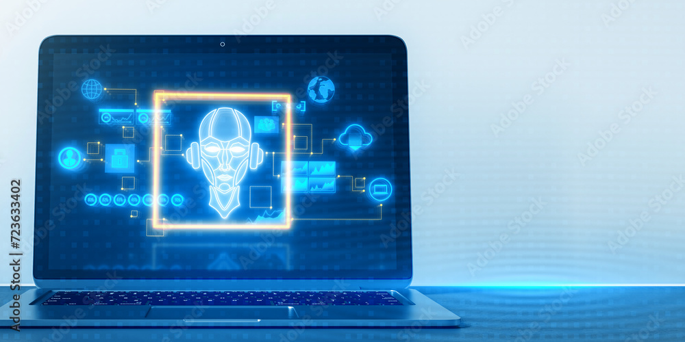 Poster Close up of laptop with glowing ai hologram with icons and robot on light blue background with mock up place. Chat GPT and innovation concept. 3D Rendering.