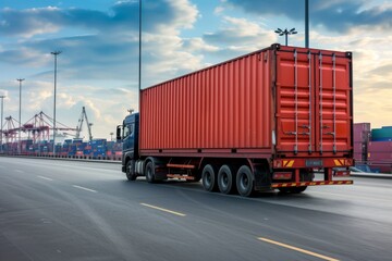 A vibrant red container truck speeds down the road, destined for a bustling freight terminal, symbolizing the seamless efficiency of import-export transportation in a dynamic global economy
