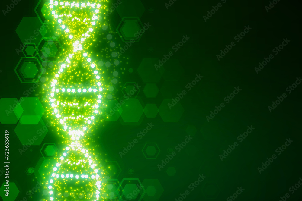 Aufkleber glowing dna helix on blurry green background. medical and heredity genetic health concept. technolog