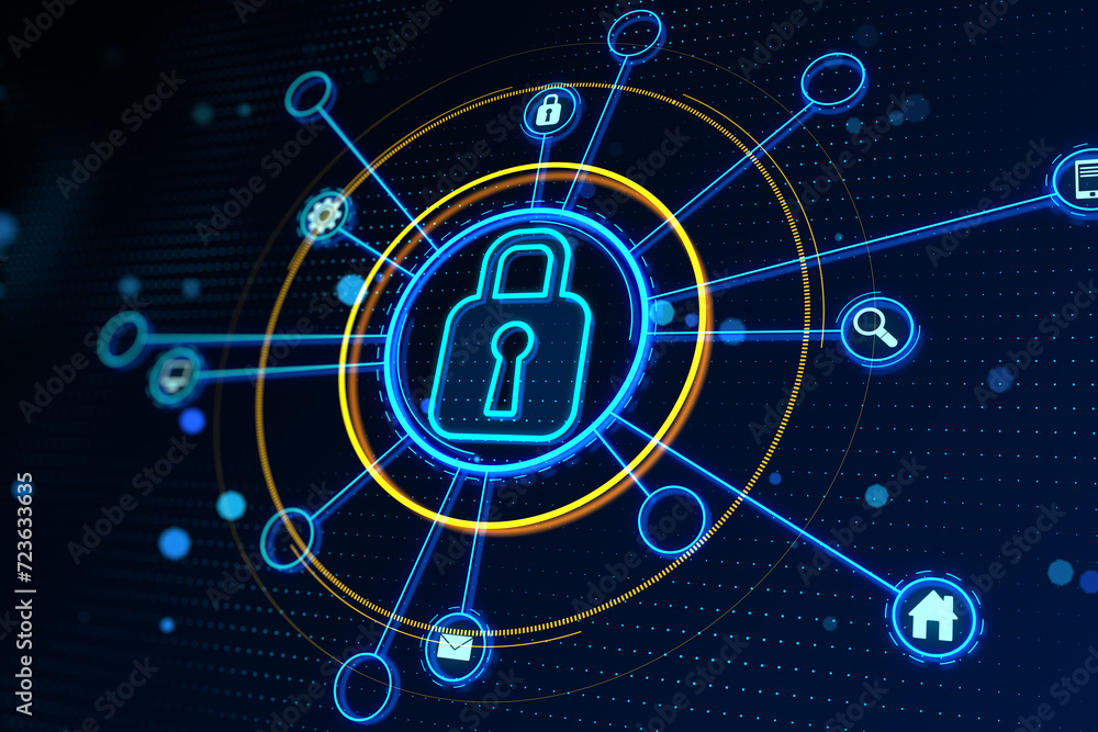 Poster cybersecurity concept with digital lock icon on vibrant blue technological background. 3d rendering
