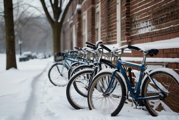 Fototapeta na wymiar A row of bicycles parked in the snow for winter-themed designs and outdoor activities from Generative AI