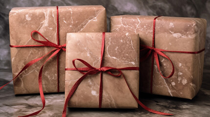 three brown gift packages with red ribbon, in the style of marble