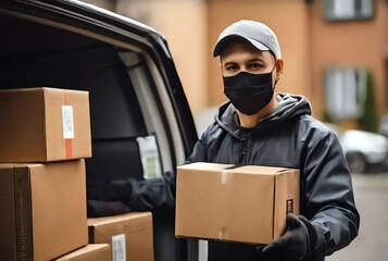 Courier in a mask delivers boxes to a person from Generative AI