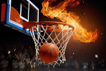 Fiery basketball ball flying into the basket from Generative AI